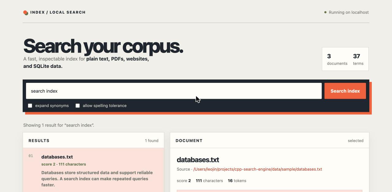 The C++ search engine's browser UI showing a search for 'search index' with the matching document opened