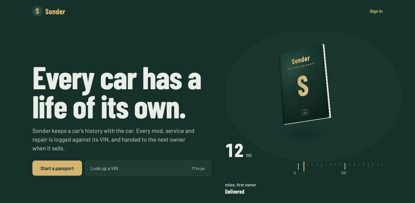 Sonder's home page: every car has a life of its own, with a 3D vehicle passport, a mileage odometer and a start-a-passport button